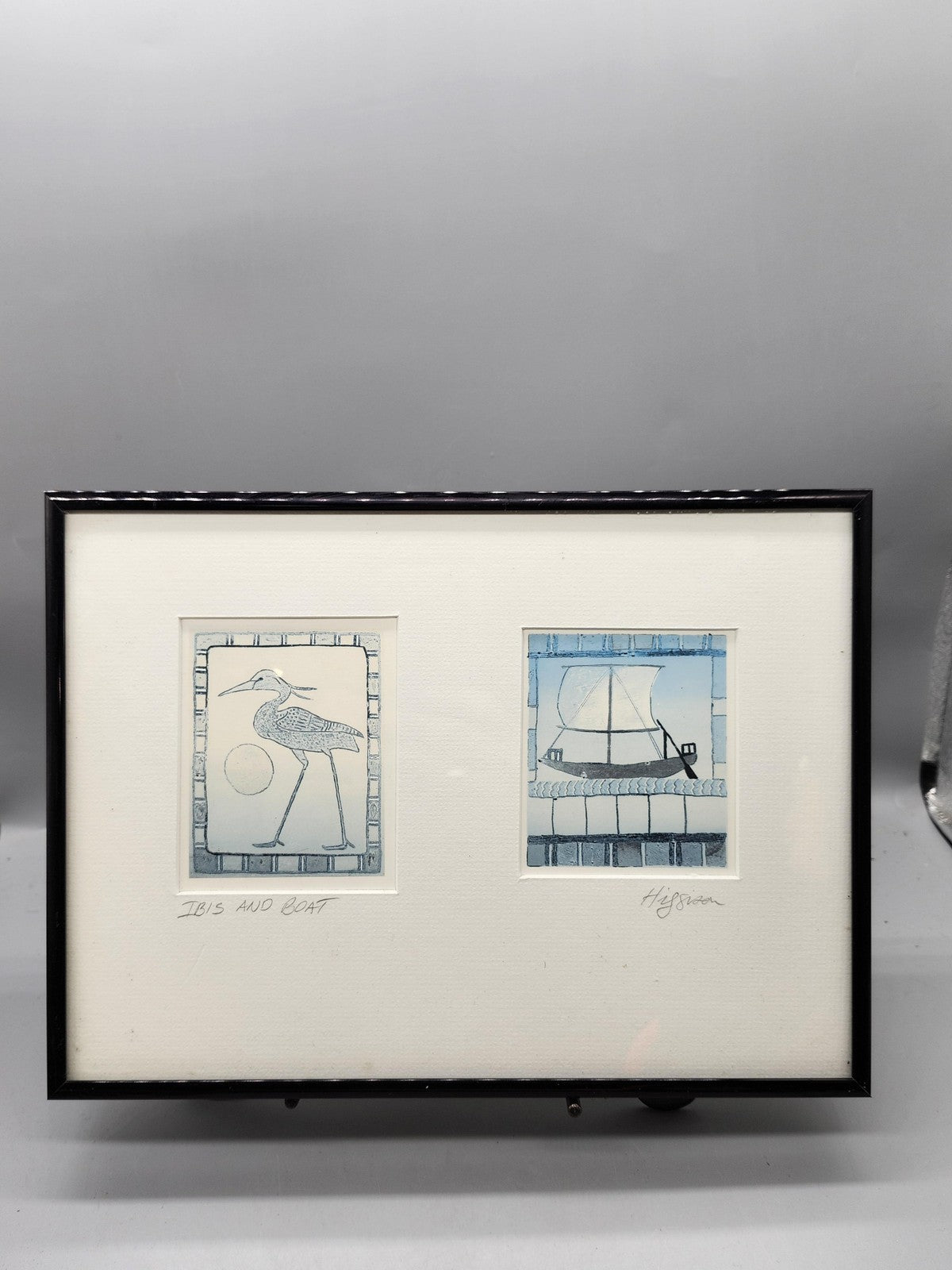 Higson Ibis And Boat Naive Etching Diptych Medium Framed Blue Print Nautical Art
