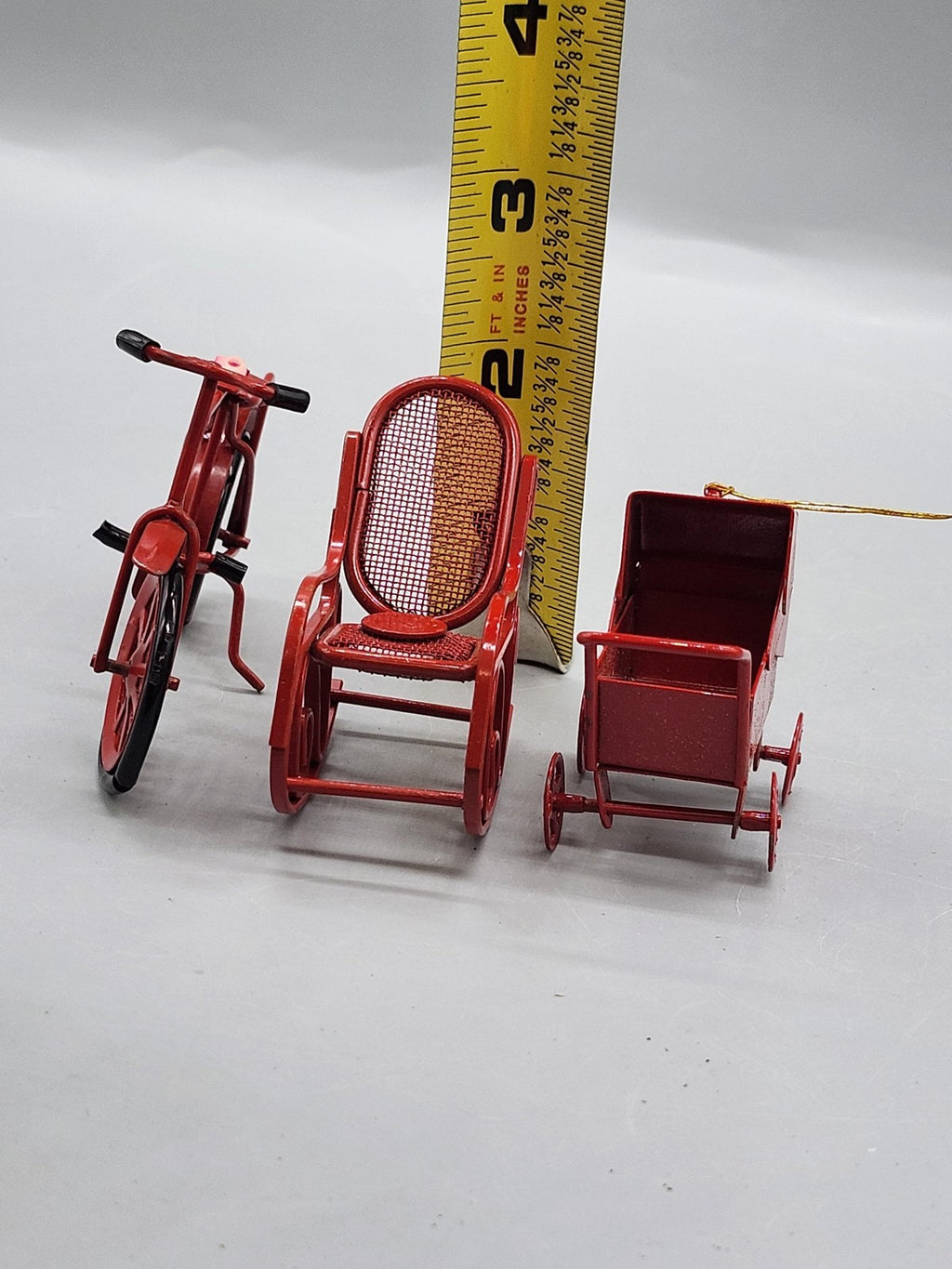 Miniature Red Metal Bicycle Rocking Chair Baby Carriage Toy Lot Dollhouse Decor