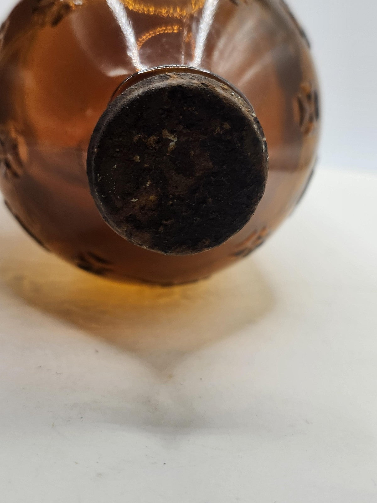 Vintage Large Amber Brown Glass Bottle Embossed Clover Flowers Cork Decor