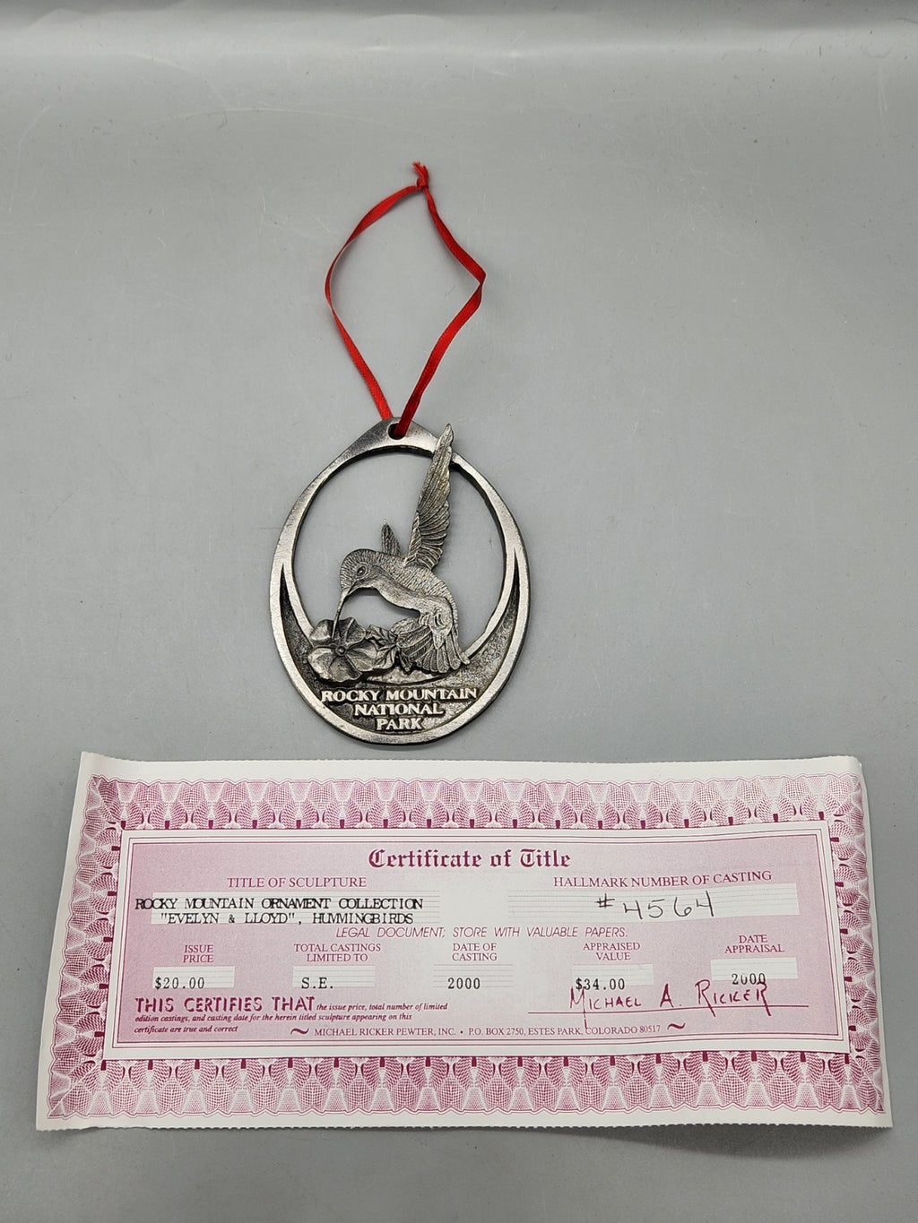 Michael Ricker 2000 Hummingbird Pewter Ornament Rocky Mountain National Park COA