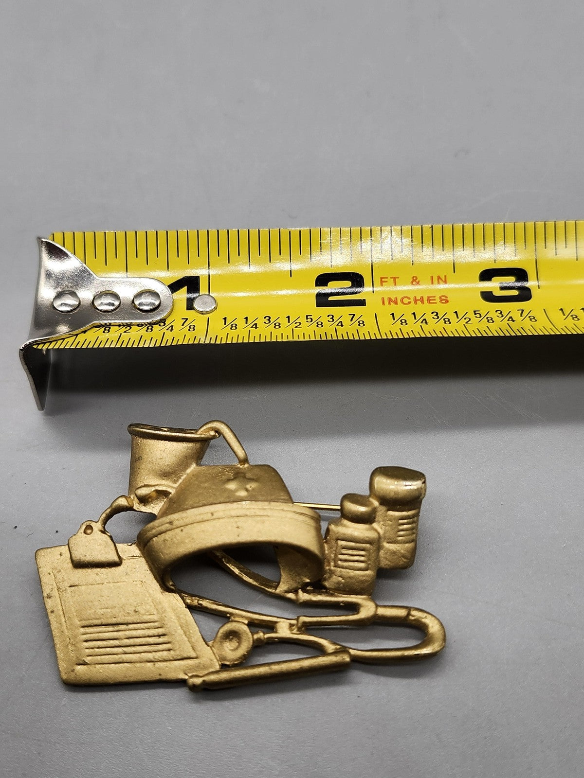 Gold Tone Medical Tools Brooch Pin Nurse Hat Stethoscope Clipboard Jewelry Gift