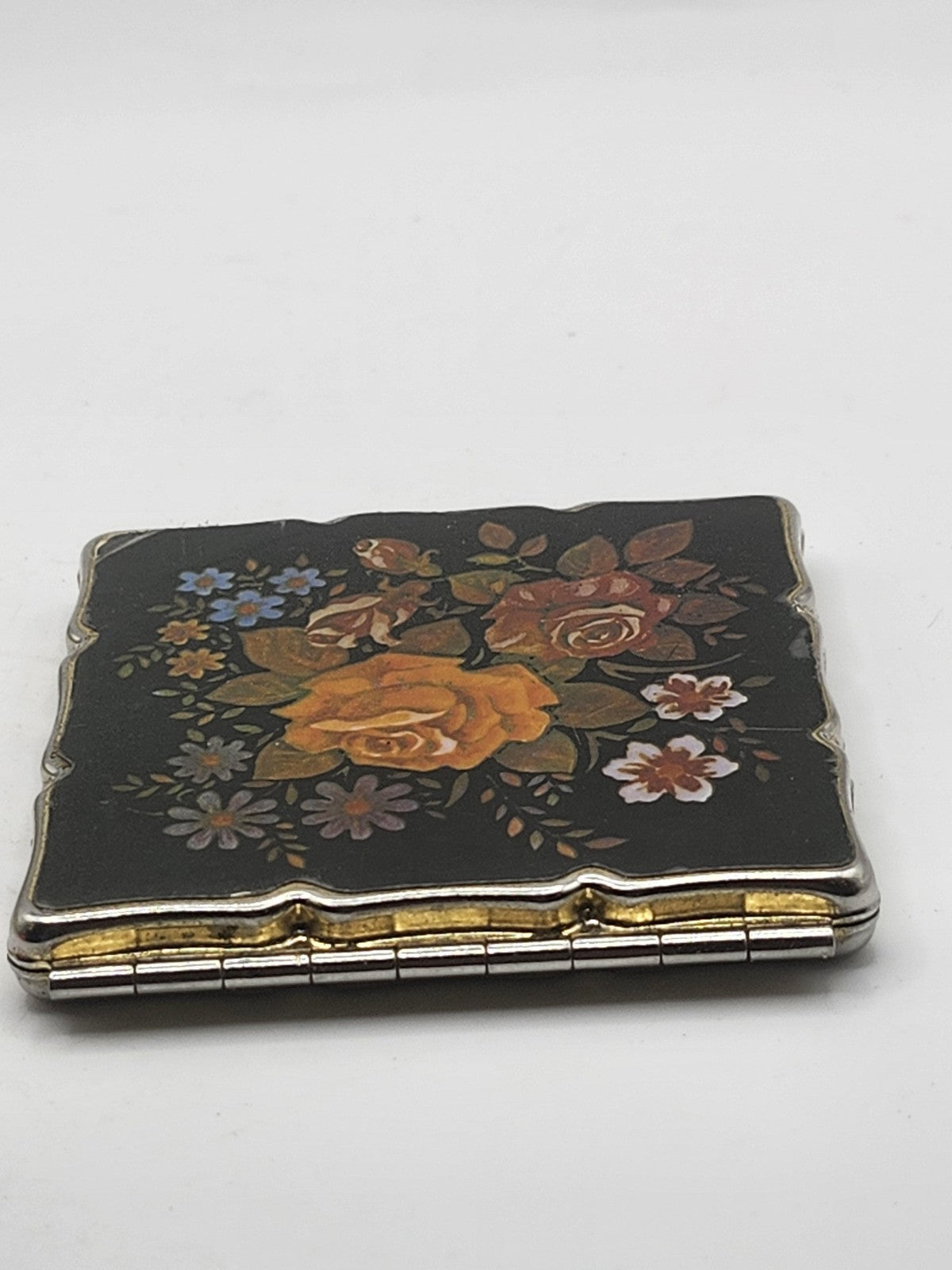 Vintage Japan Floral Compact Mirror Black Roses Gold Tone Makeup Purse Decor