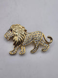 Walking Lion Brooch Gold Tone Clear Rhinestone Animal Pin Costume Jewelry Gift