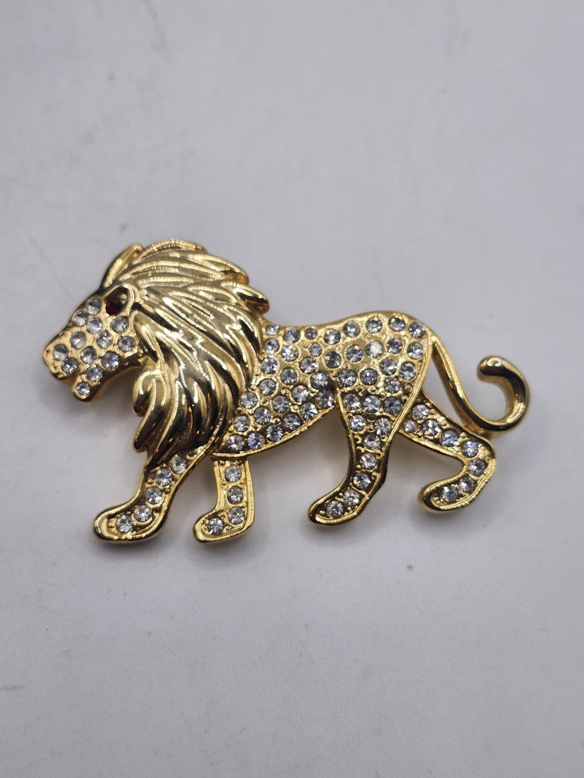 Walking Lion Brooch Gold Tone Clear Rhinestone Animal Pin Costume Jewelry Gift
