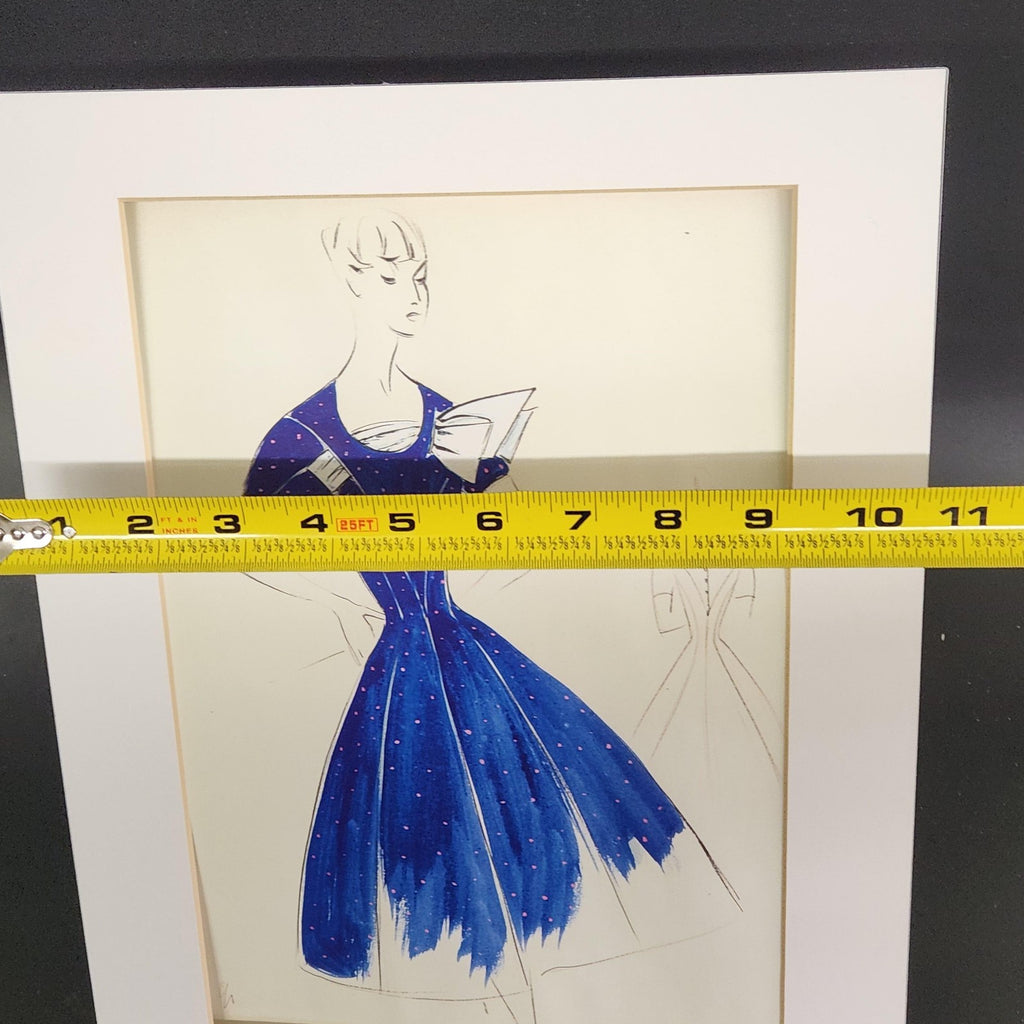 Woman Blue Dress Original Fashion Illustration Drawing Ink Pencil Matted Medium