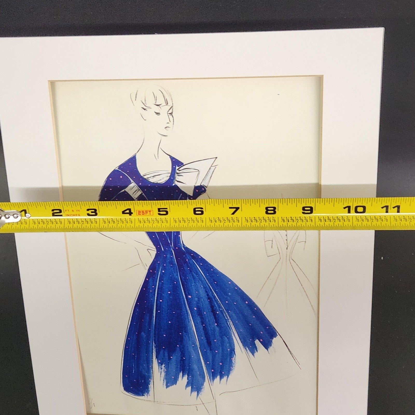 Woman Blue Dress Original Fashion Illustration Drawing Ink Pencil Matted Medium
