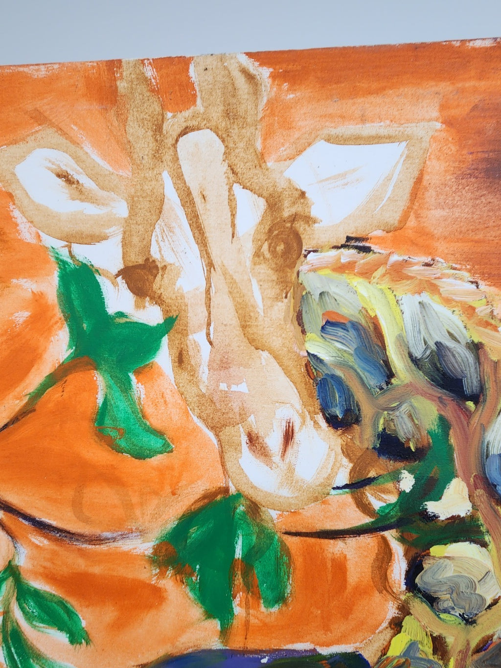 Vintage Unfinished Original Giraffe Acrylic Painting on Canvas 44x38 Abstract...