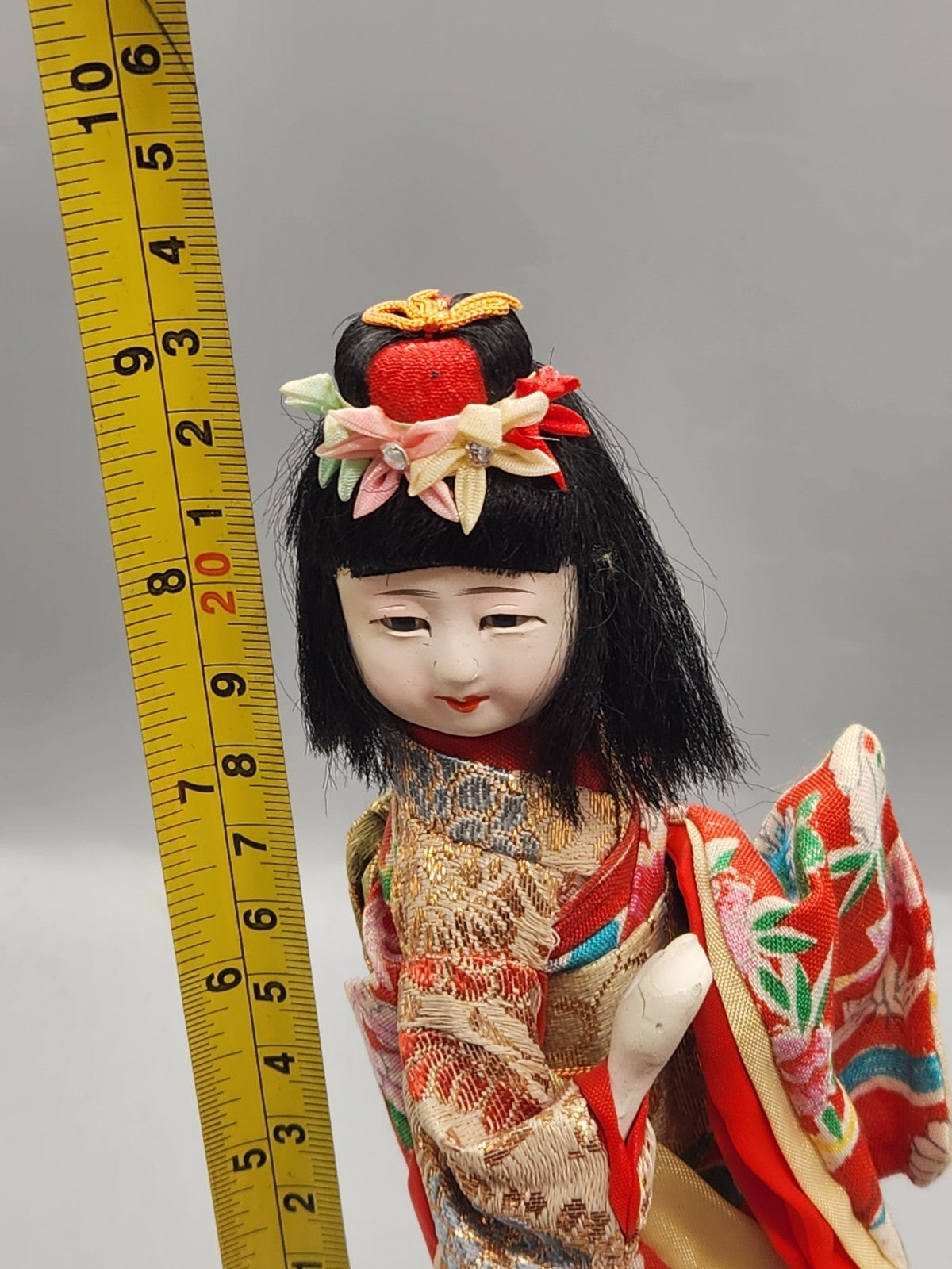 Vintage Japanese Kimono Doll Hand Painted Face Silk Brocade Display Figure 9"