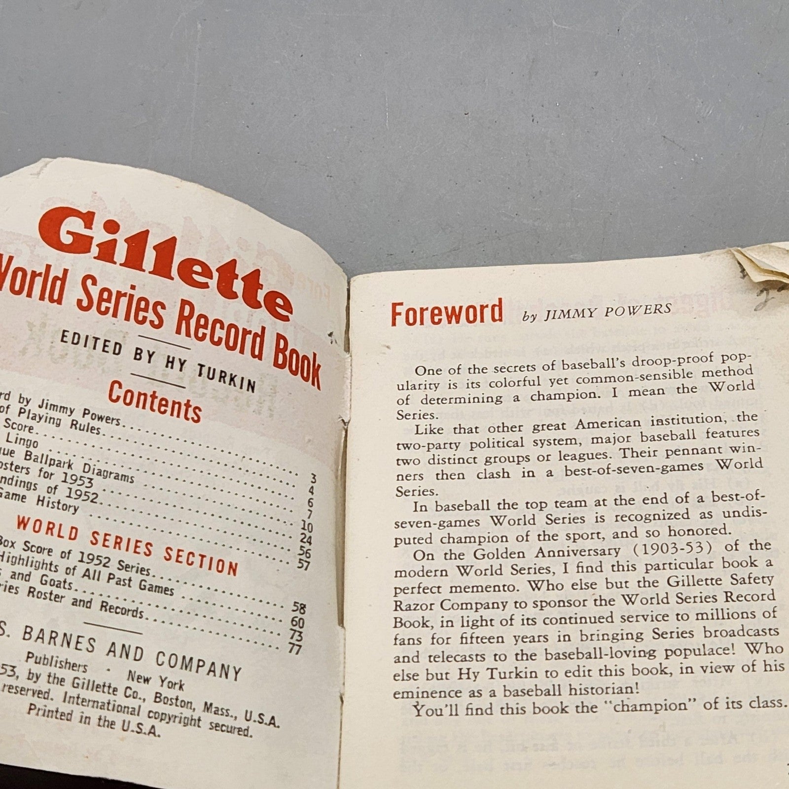 Vintage Gillette World Series Record Book One Size Red White MLB Baseball 1953