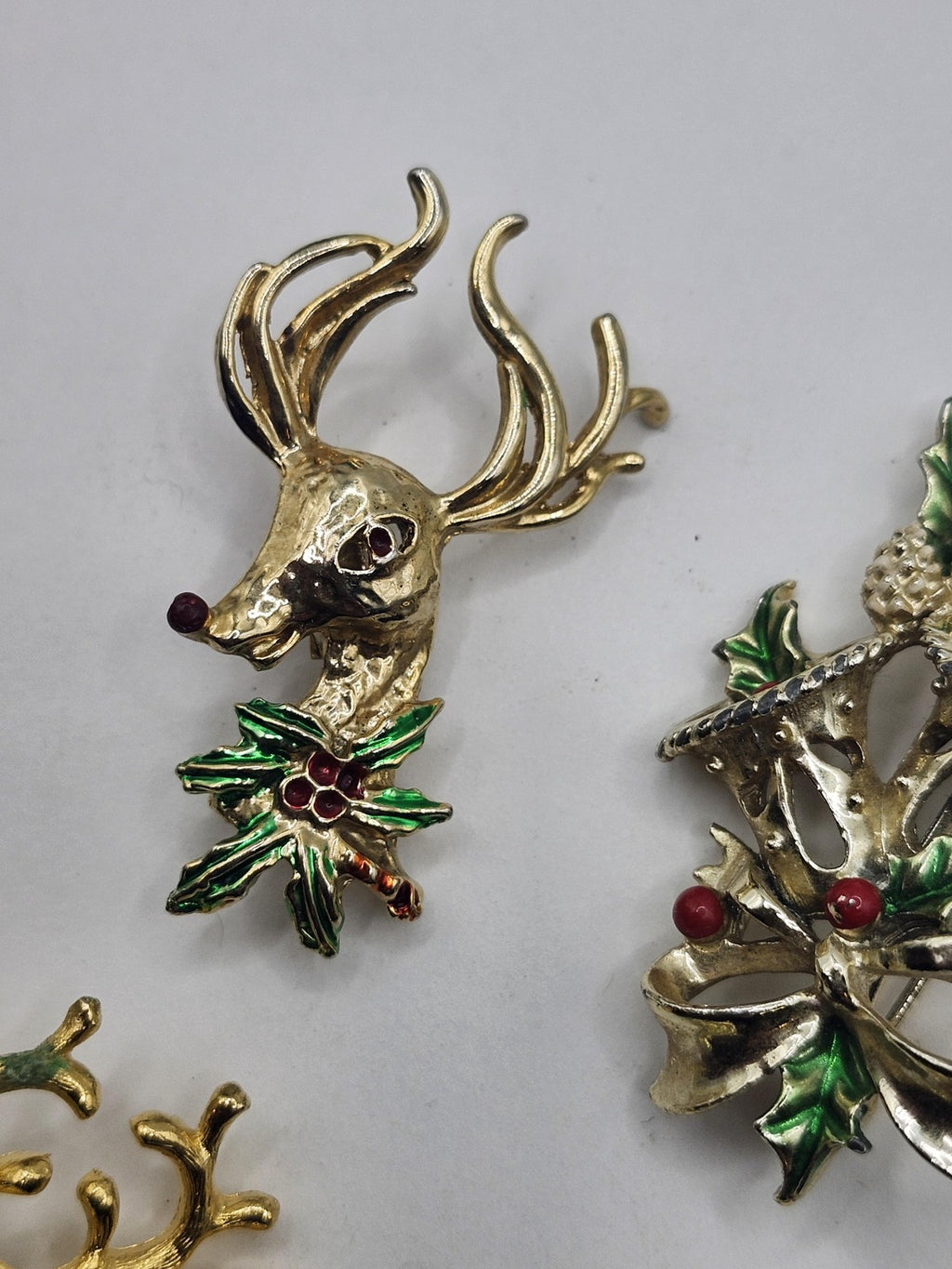 Christmas Reindeer Brooch Pin Lot Gold Tone Enamel Rhinestone Holiday Jewelry