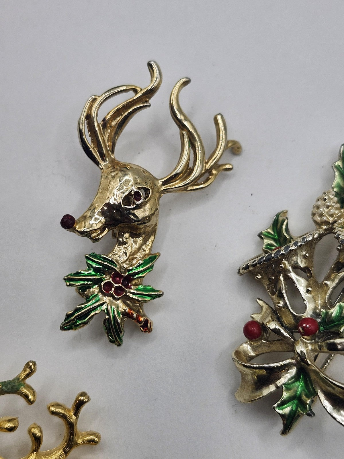 Christmas Reindeer Brooch Pin Lot Gold Tone Enamel Rhinestone Holiday Jewelry