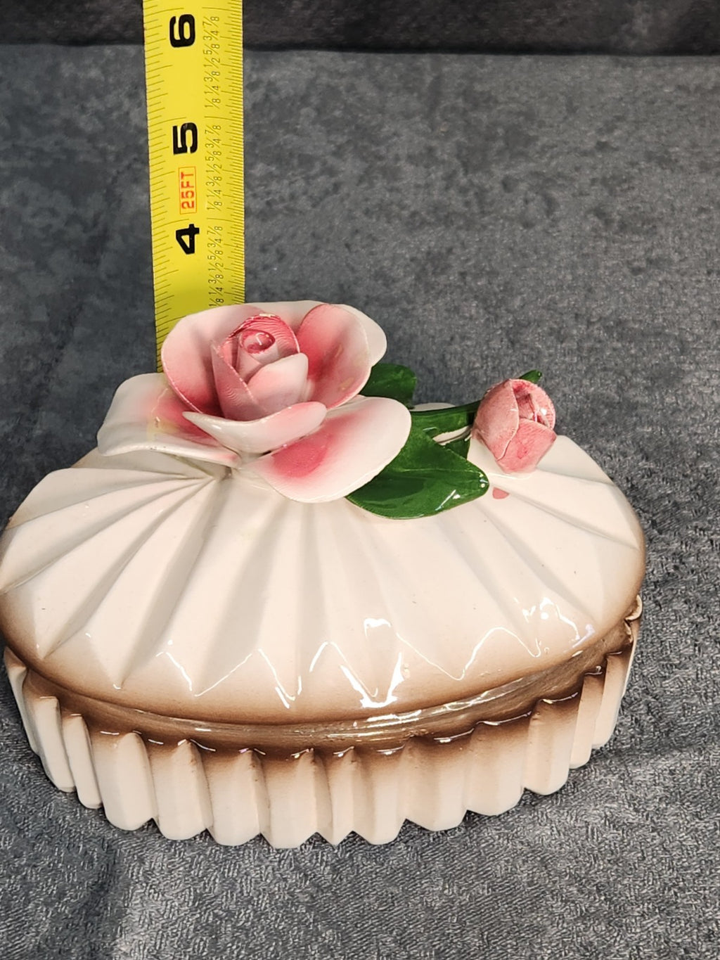 Vintage Porcelain Rose Jewelry Trinket Box Floral Vanity Dresser Keepsake Japan