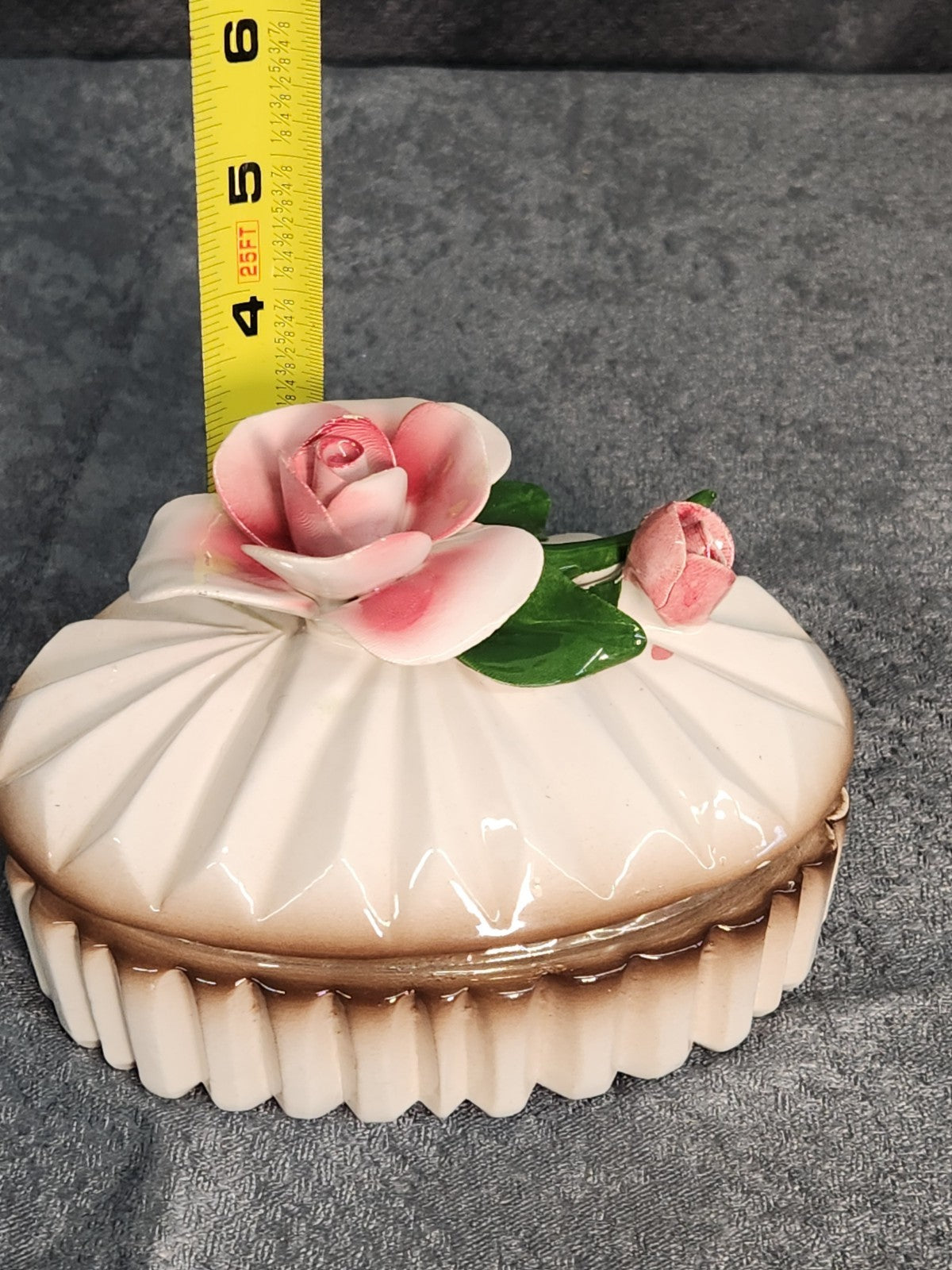 Vintage Porcelain Rose Jewelry Trinket Box Floral Vanity Dresser Keepsake Japan