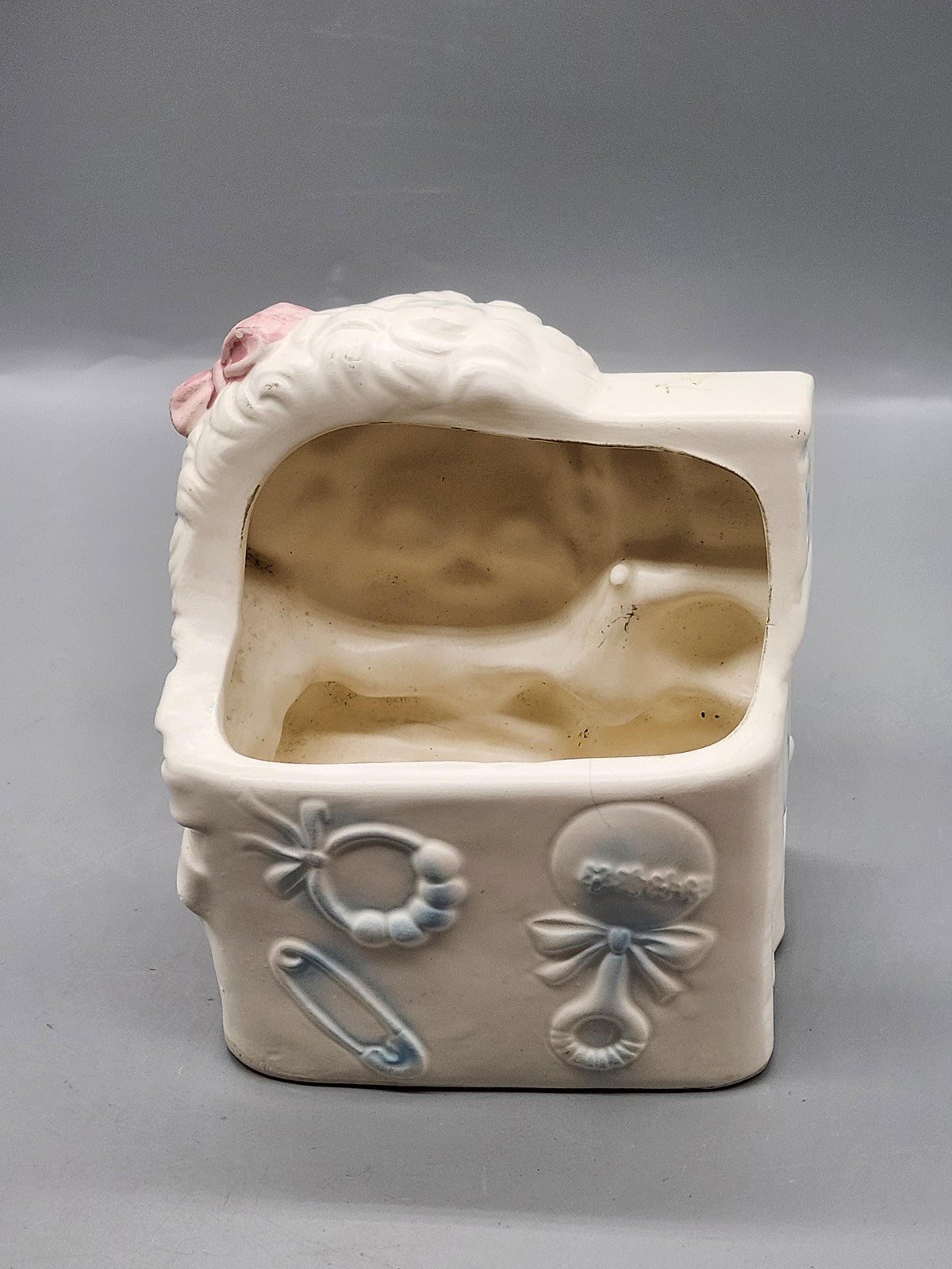 Vintage Napco White Ceramic Lamb Baby Blocks Planter Nursery Decor Japan