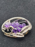 Purple Amethyst Stone Cluster Floral Brooch Pin Silver Tone Oval Filigree 2 Inch