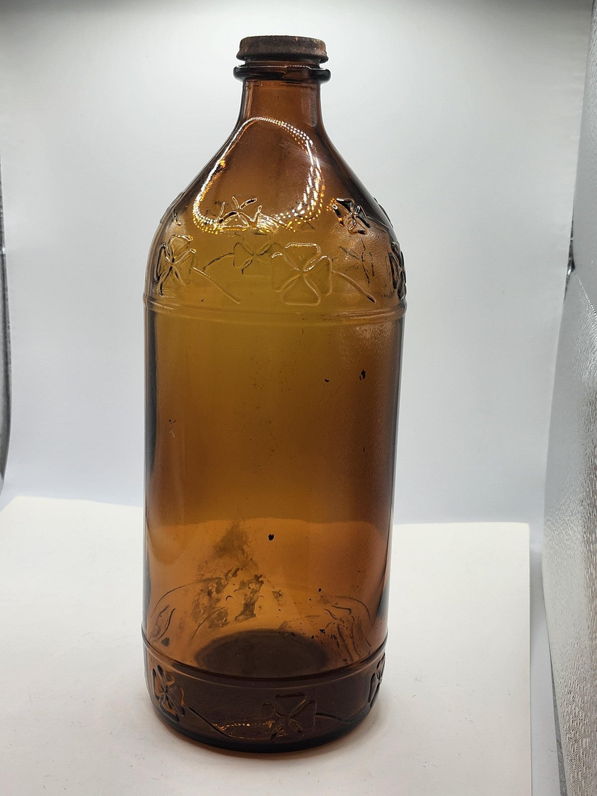 Vintage Large Amber Brown Glass Bottle Embossed Clover Flowers Cork Decor