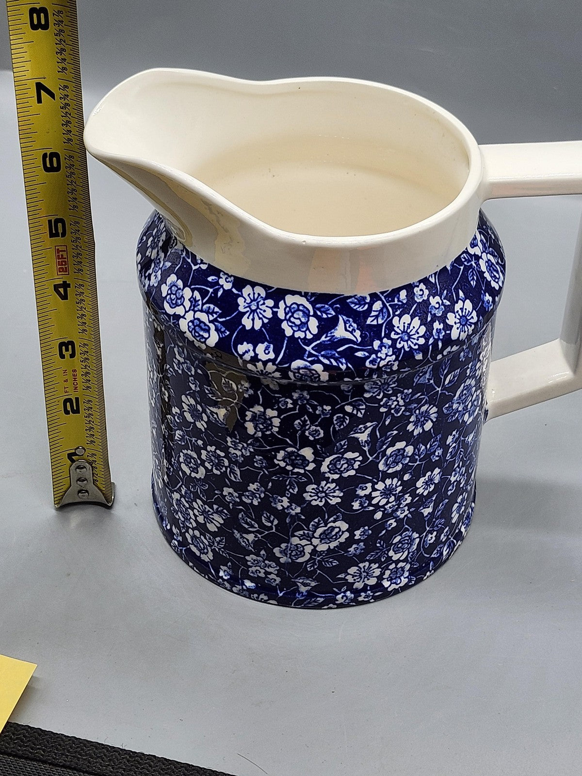 Colonial Calico Blue Floral Ceramic Pitcher Medium Glossy Handle Tabletop Decor