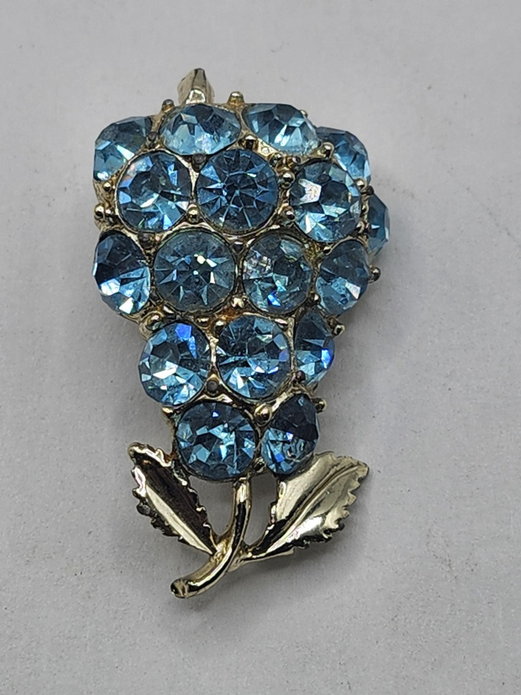 Blue Rhinestone Flower Brooch Pin Gold Tone Leaf Costume Jewelry 1.5 Inch Gift
