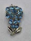Blue Rhinestone Flower Brooch Pin Gold Tone Leaf Costume Jewelry 1.5 Inch Gift