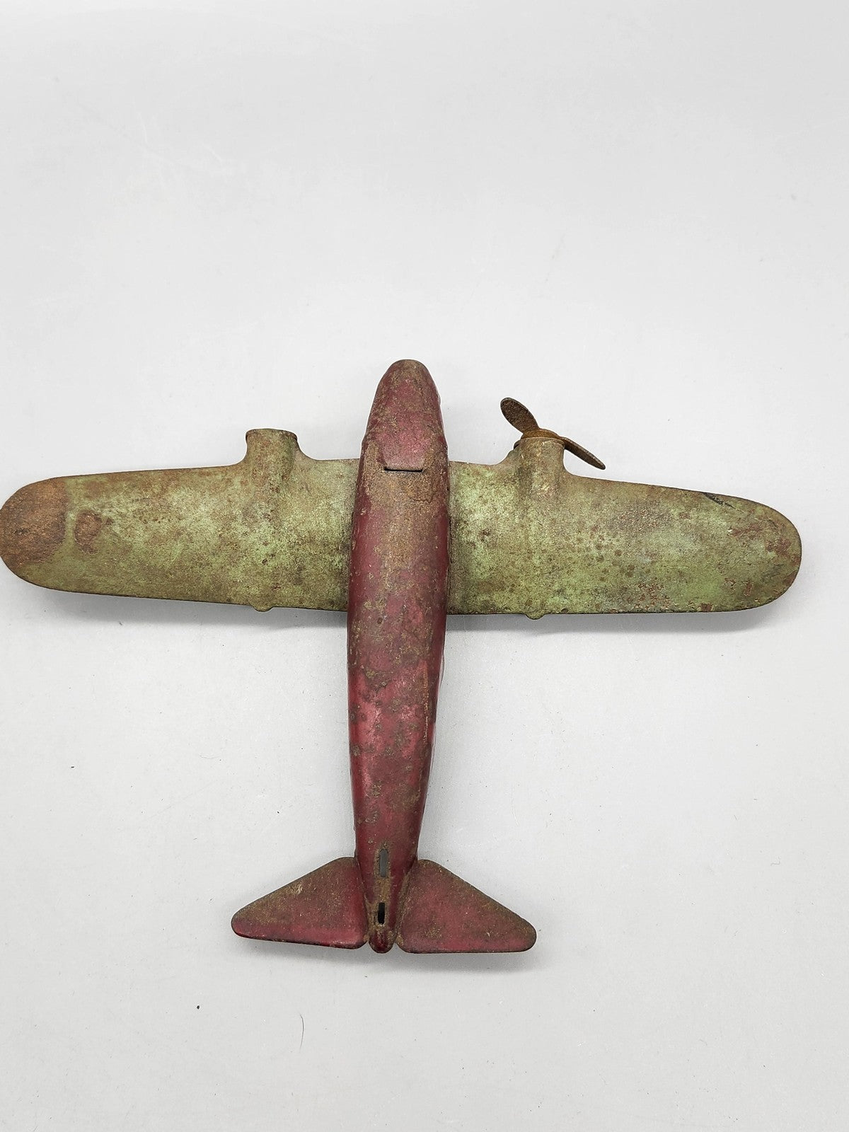 Vintage Cast Iron Airplane Toy Small Red Green Propeller Plane Collectible Decor