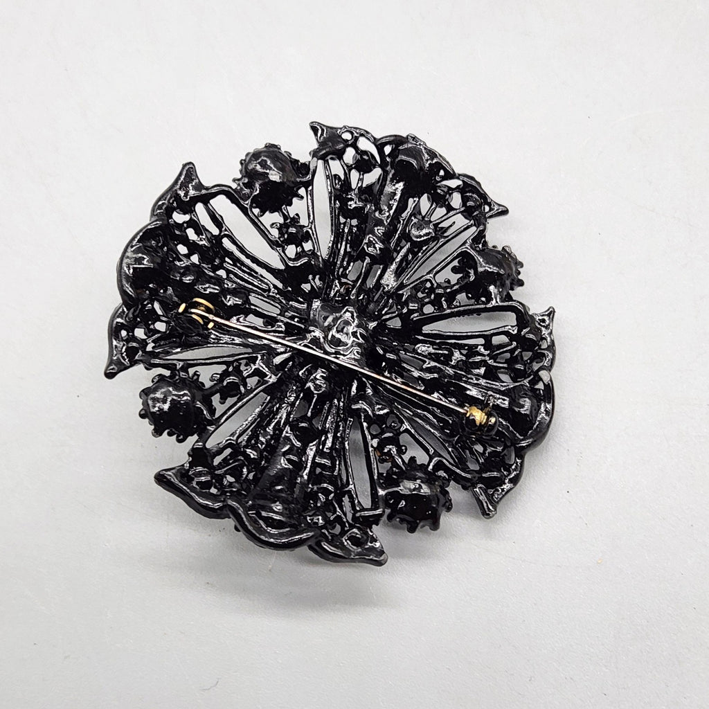 Black Tone Flower Round Brooch Pin Clear Rhinestone Costume Jewelry Floral