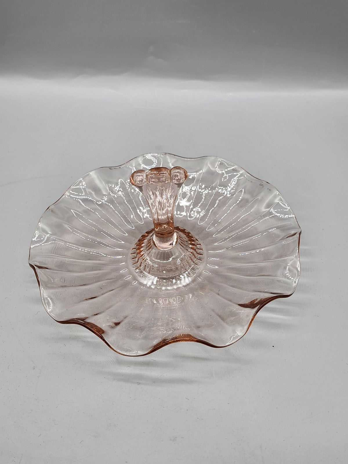 Pink Glass Serving Tray Small Round Handle Scalloped Vintage Retro Decor Plate