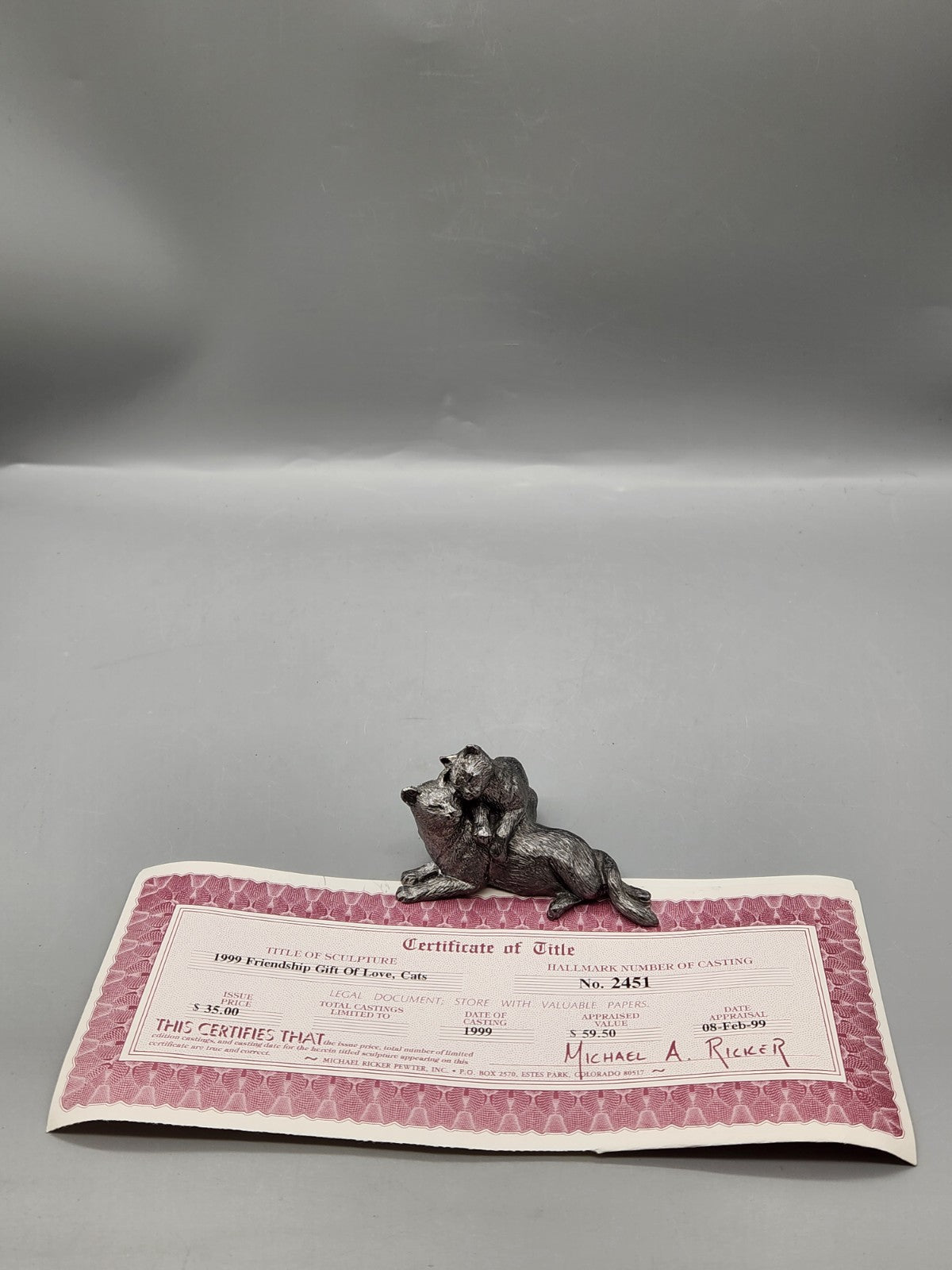 1999 Michael Ricker “Friendship Gift of Love” Cats Pewter Sculpture w/ COA