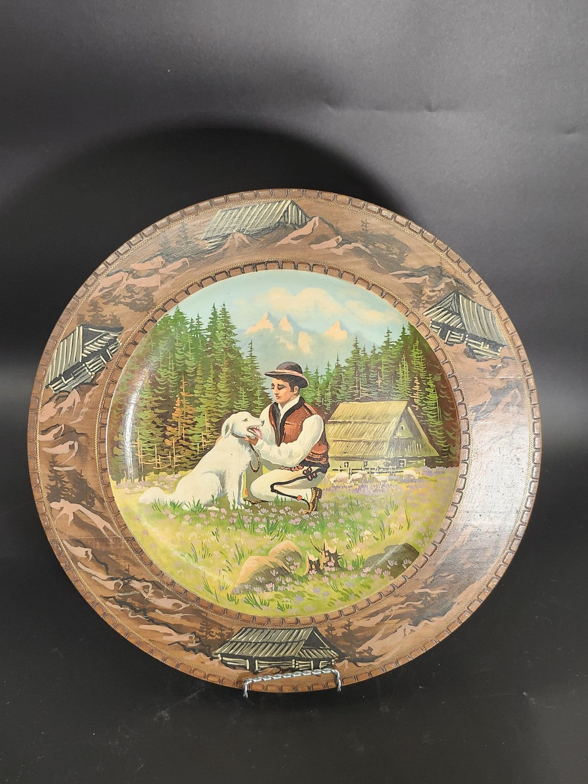 Vintage Shepherd Dog Woodland Collector Plate Large Round Wood Decor Multicolor
