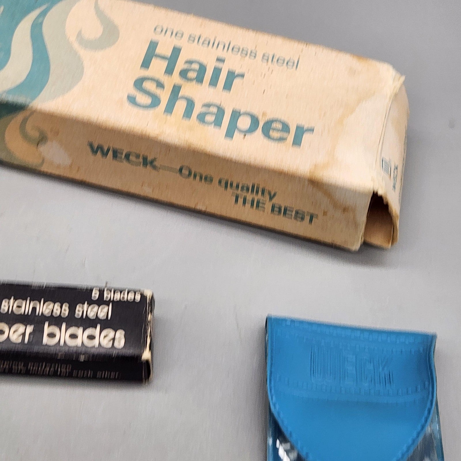 Vintage WECK Hair Shaper Straight Razor Silver Stainless W/ 5 Blades Case Box