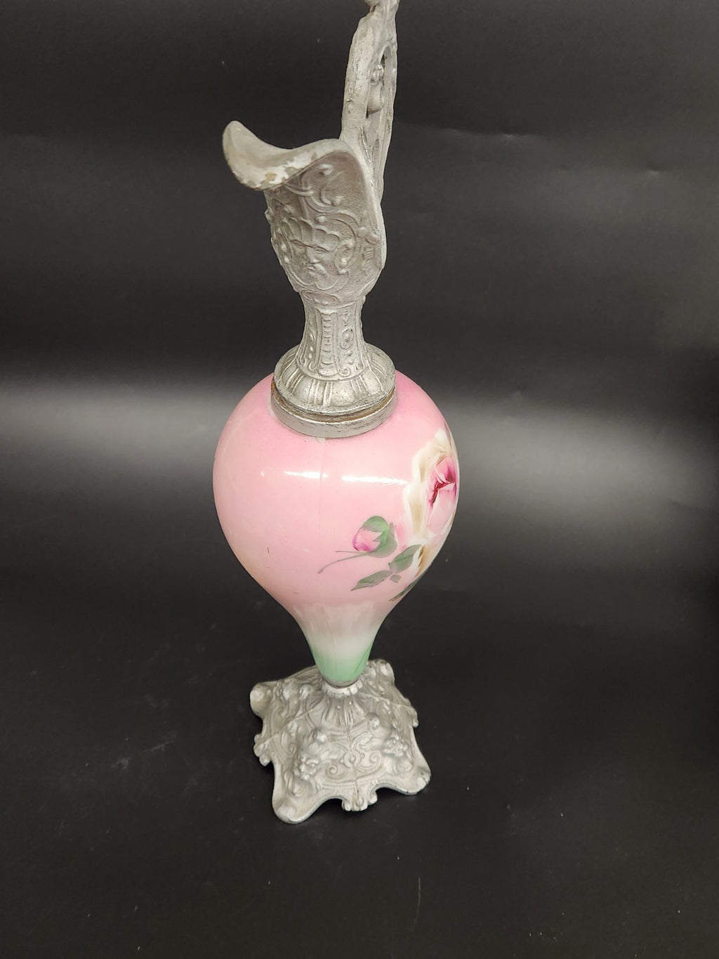 Vintage Hand Painted Floral Ewer Pitcher – Ornate Metal Gargoyle Handle Pink...