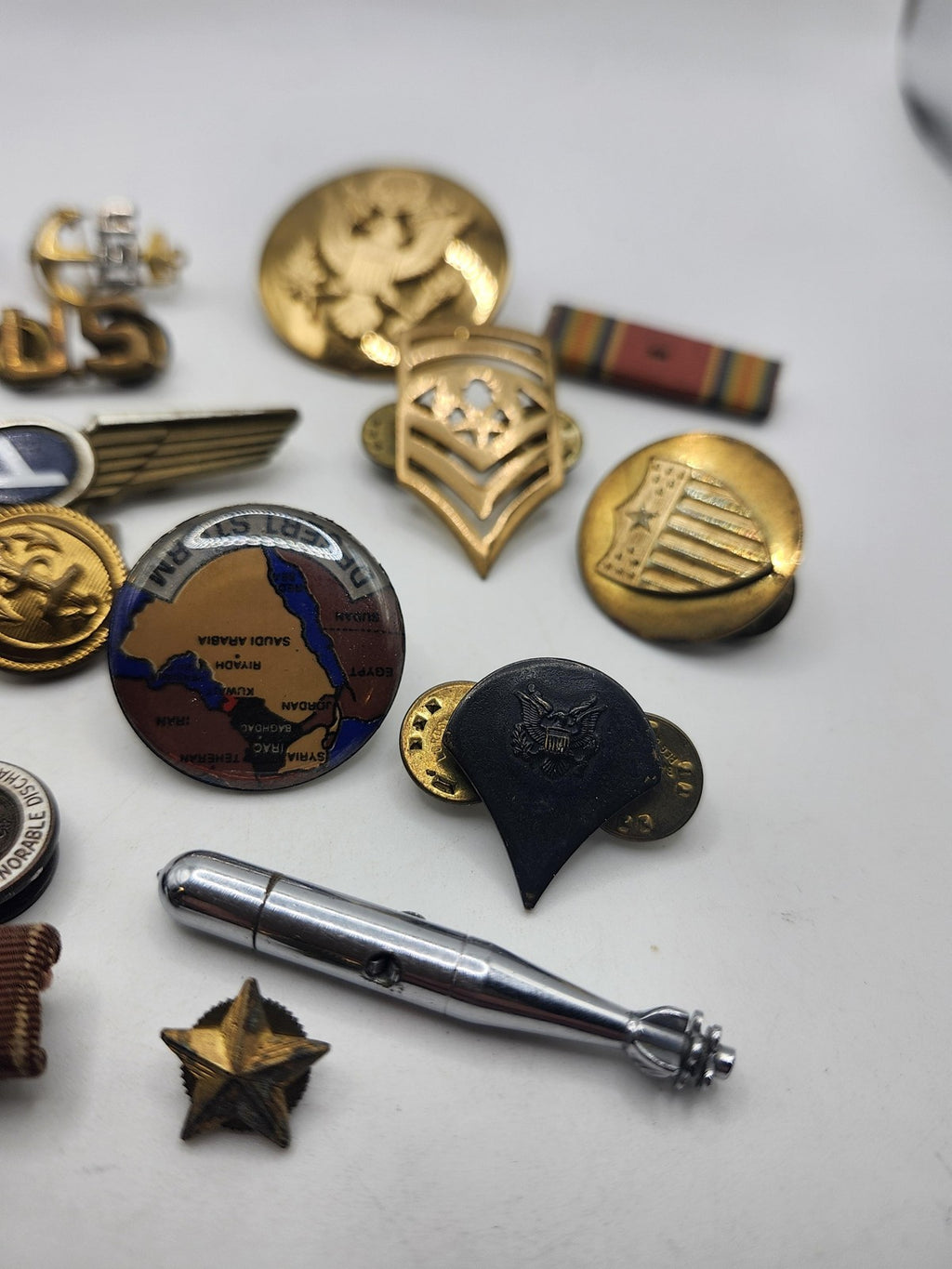 Vintage US Military Insignia Pins Buttons Ribbons Mixed Lot USA Collectible