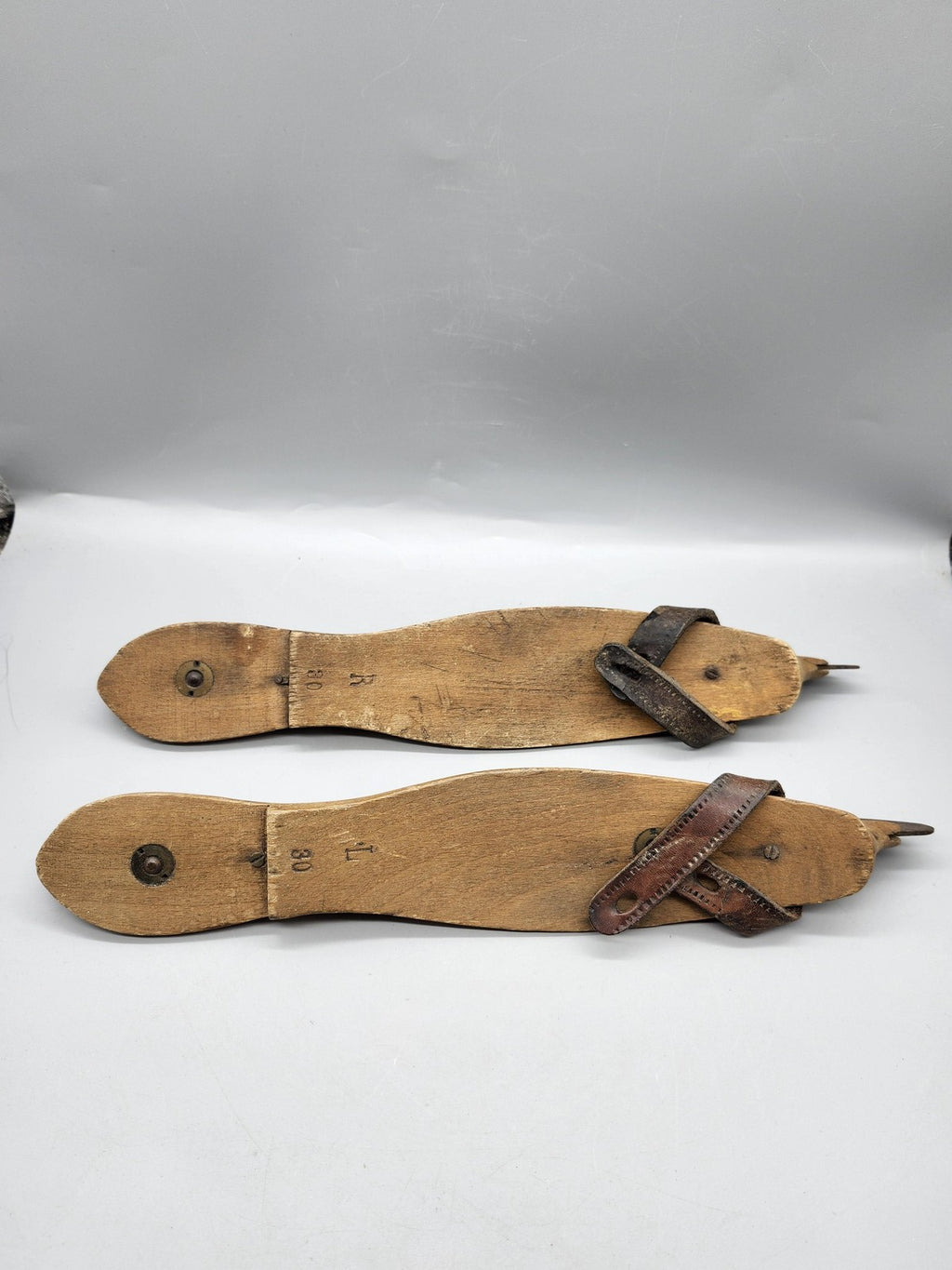 Vintage Wooden Ice Skates Adjustable Brown Leather Strap On Blades Rustic