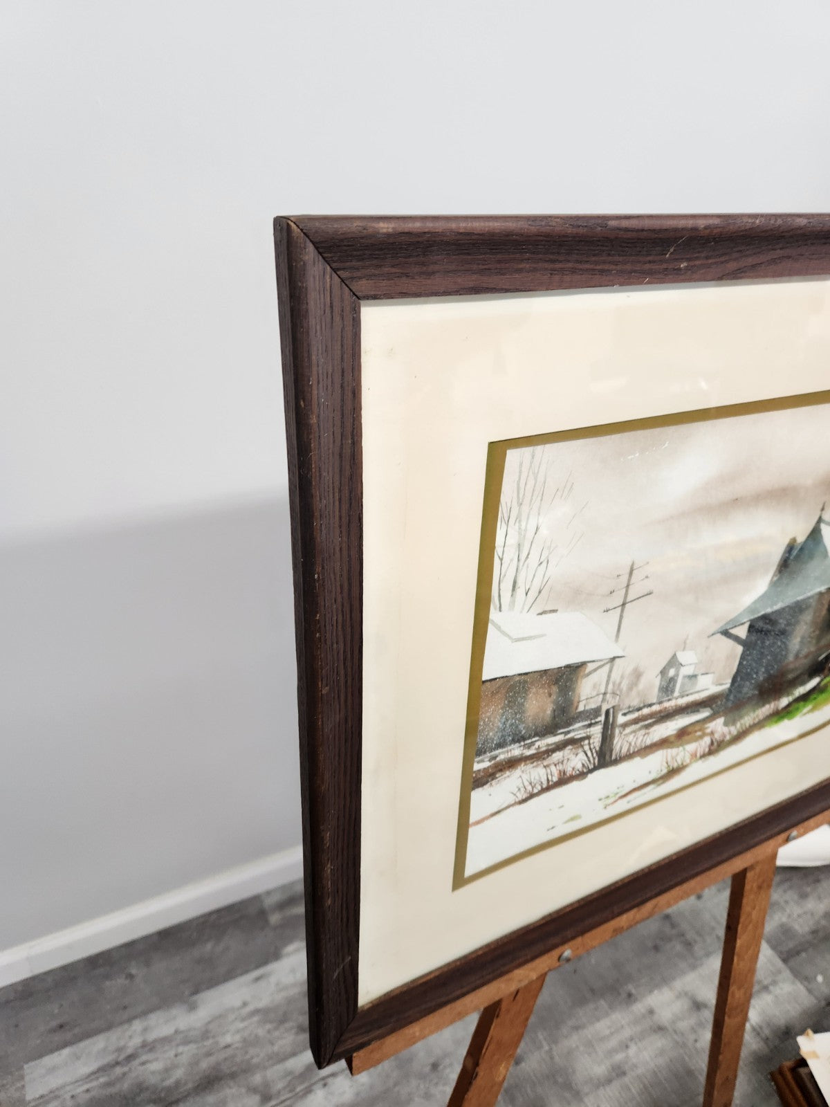 Vintage Winter Farmhouse Watercolor Framed Landscape Painting 30½” x 24½”
