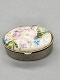 Vintage Oval Floral Porcelain Trinket Pill Box Silver Tone Engraved Jewelry