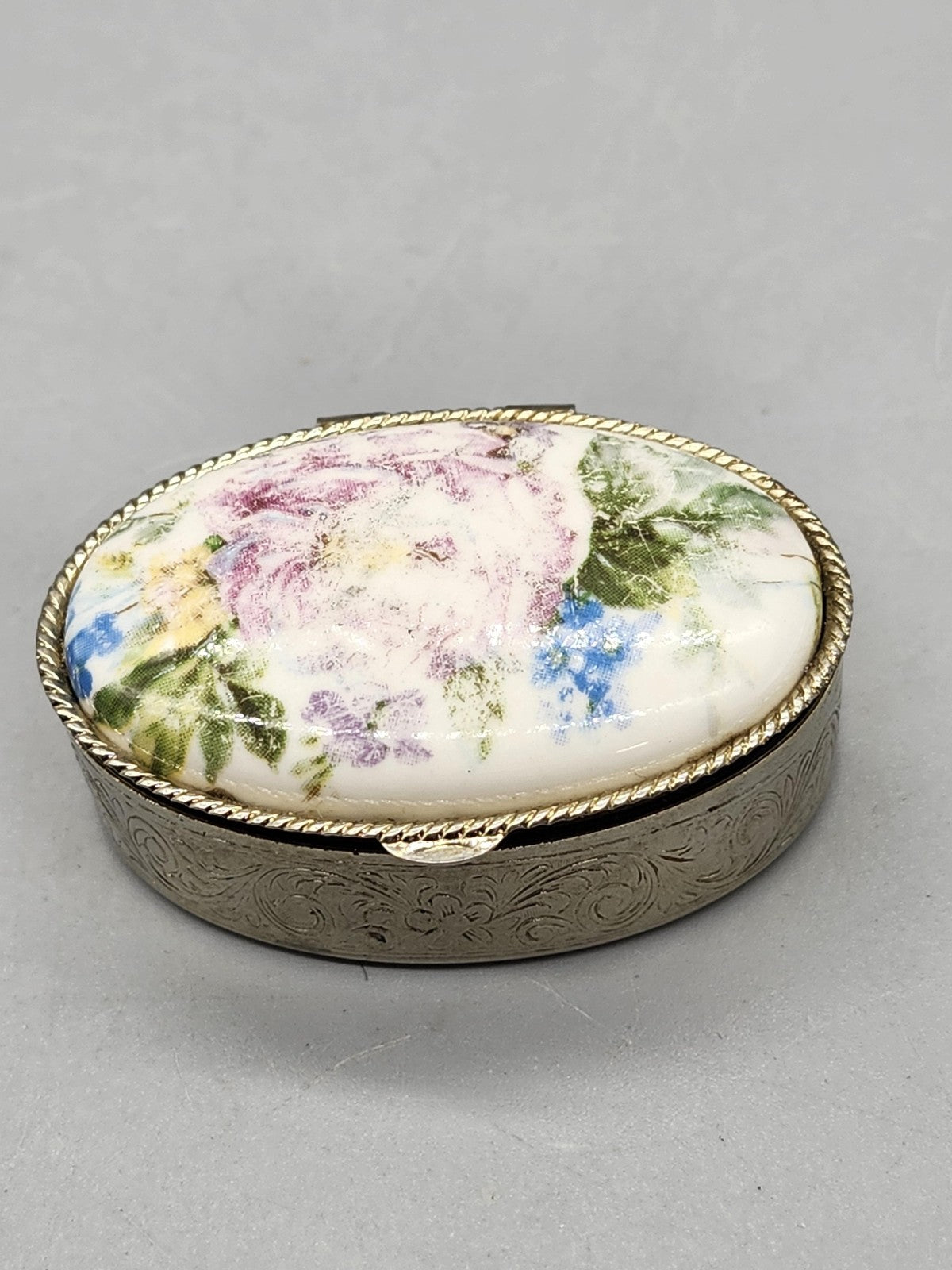 Vintage Oval Floral Porcelain Trinket Pill Box Silver Tone Engraved Jewelry
