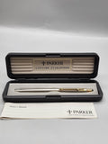 Parker Ballpoint Pen Silver Tone Steel Gold Trim Black Ink Gift Case Manual