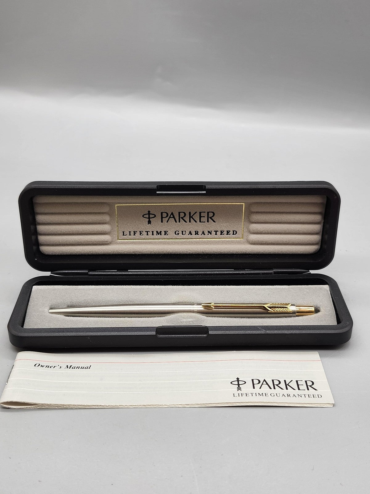 Parker Ballpoint Pen Silver Tone Steel Gold Trim Black Ink Gift Case Manual