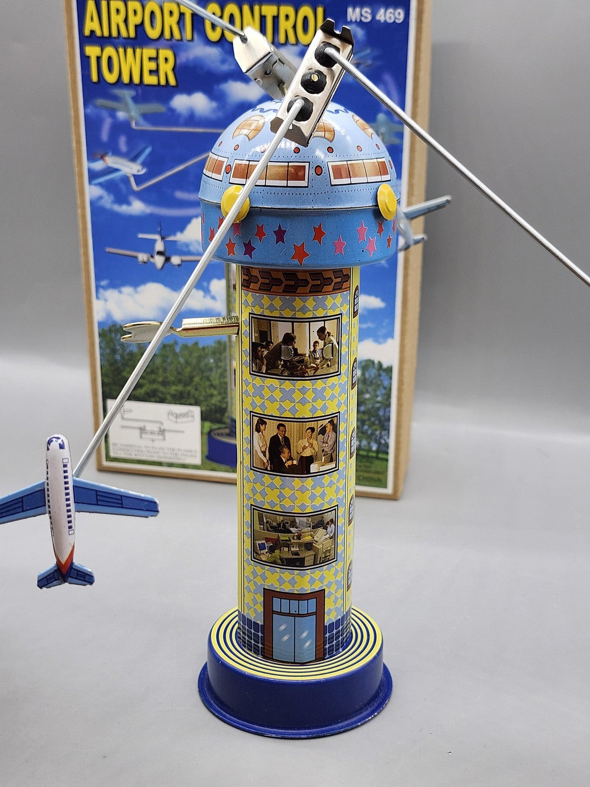 Airport Control Tower Wind Up Tin Toy Airplane Playset Blue Yellow Boxed MS 469