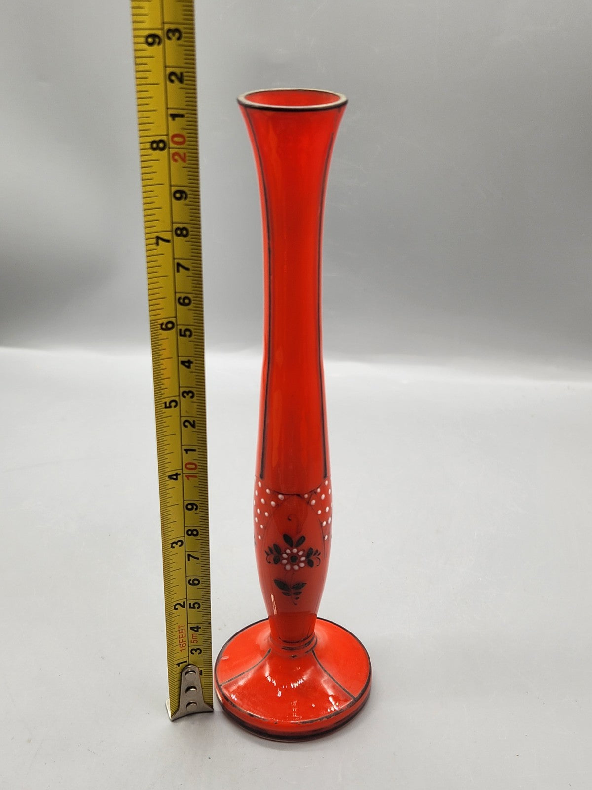 Vintage Czech Red Art Glass Bud Vase Hand Painted Floral 8” Bohemian Vase
