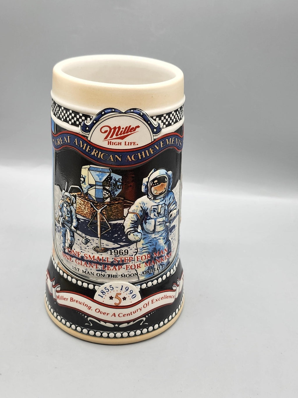 Vintage 1990 Miller Great American Achievements Beer Stein NASA Apollo 11 Brazil