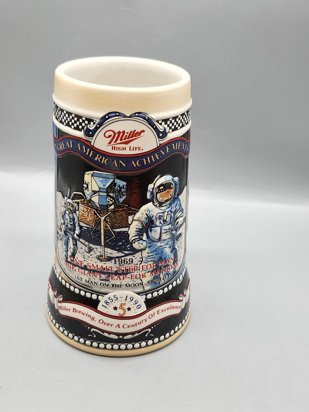 Vintage 1990 Miller Great American Achievements Beer Stein NASA Apollo 11 Brazil