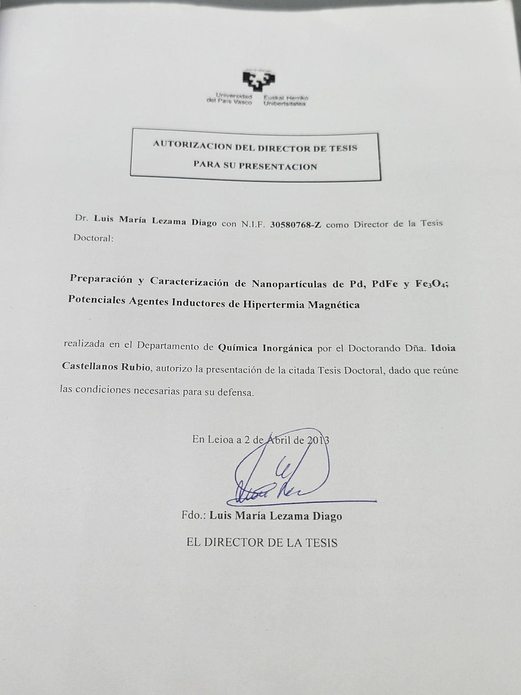 Preparación Nanopartículas Pd PdFe Fe3O4 Idoia Castellanos Blue PB Hipertermia