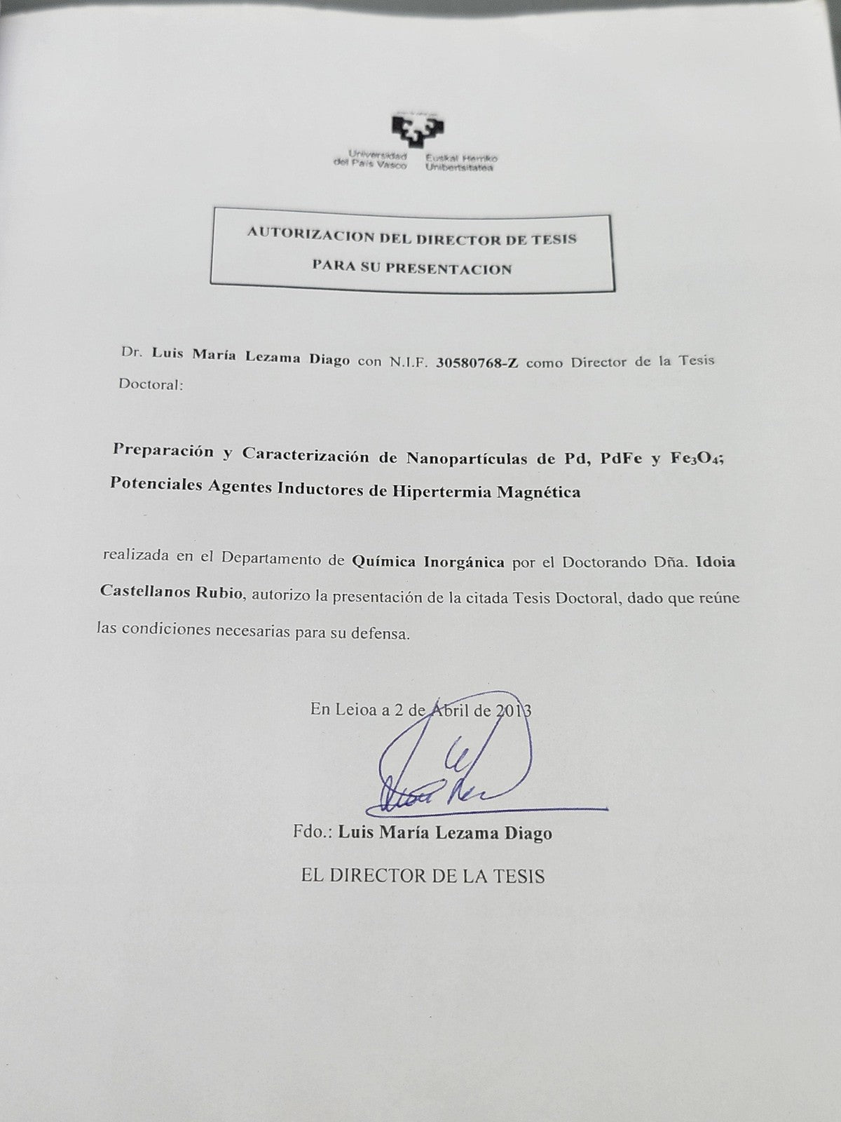 Preparación Nanopartículas Pd PdFe Fe3O4 Idoia Castellanos Blue PB Hipertermia