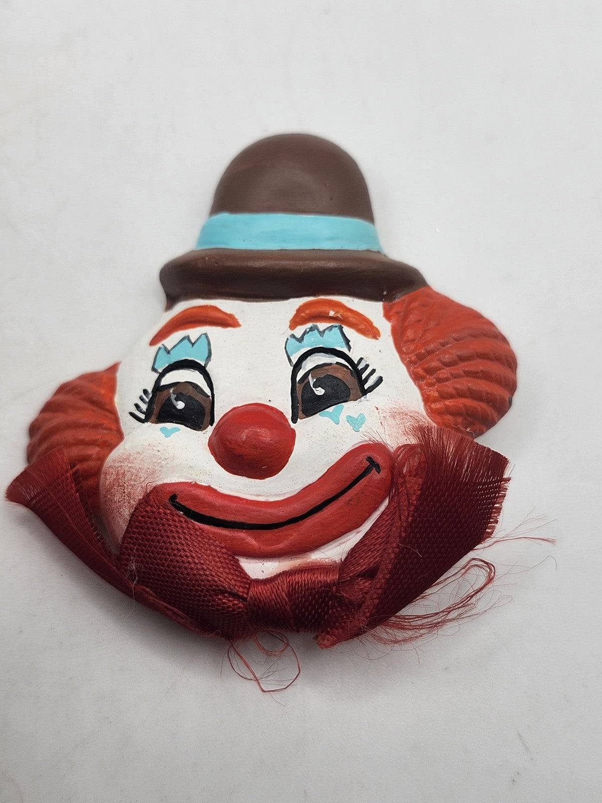 Clown Face Brooch Pin Hand Painted Ceramic Red Satin Bow Cute Costume Jewelry