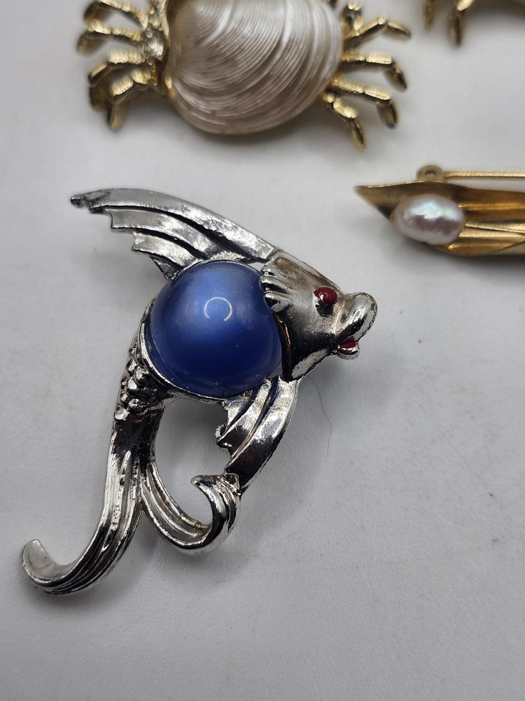 Crab Fish Bar Brooch Pin Lot Gold Silver Tone Faux Pearl Costume Jewelry Set