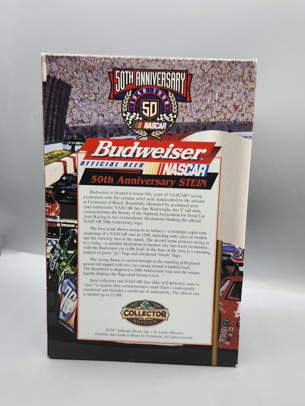 Vintage Budweiser NASCAR 50th Anniversary Lidded Stein Ceramarte Brazil