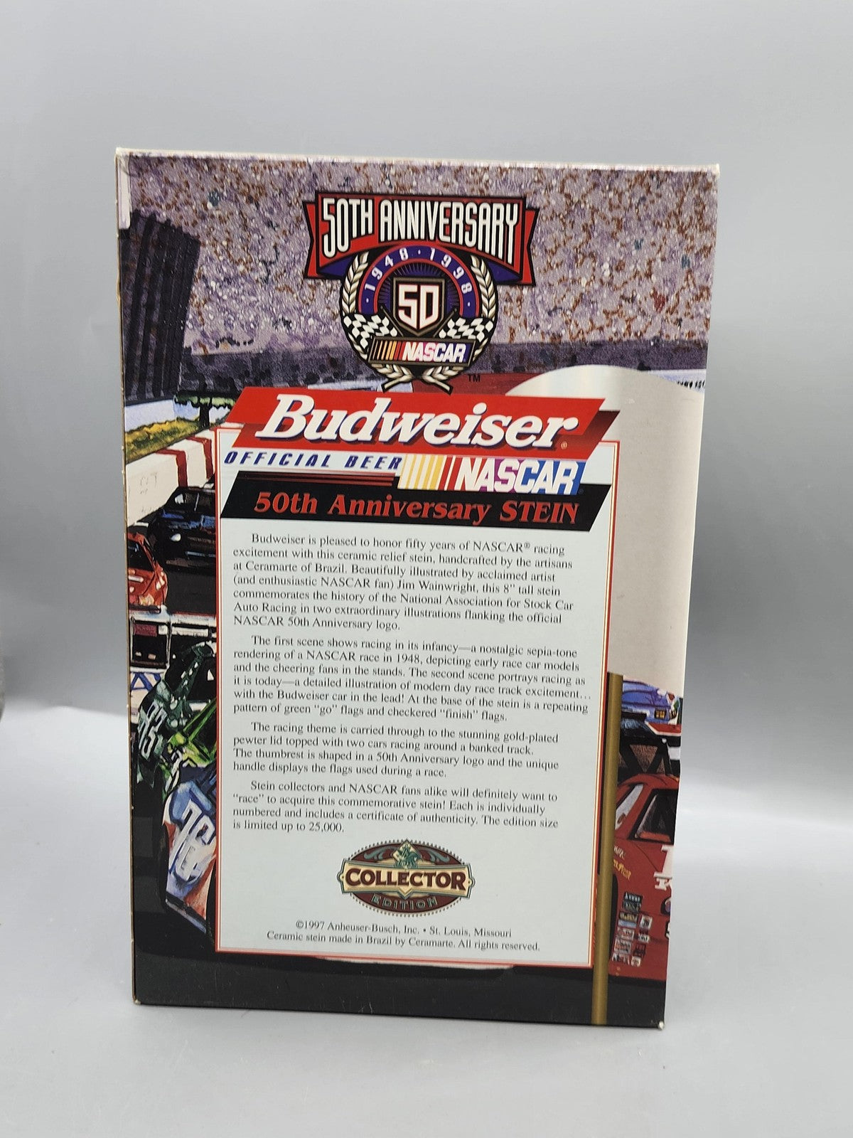 Vintage Budweiser NASCAR 50th Anniversary Lidded Stein Ceramarte Brazil
