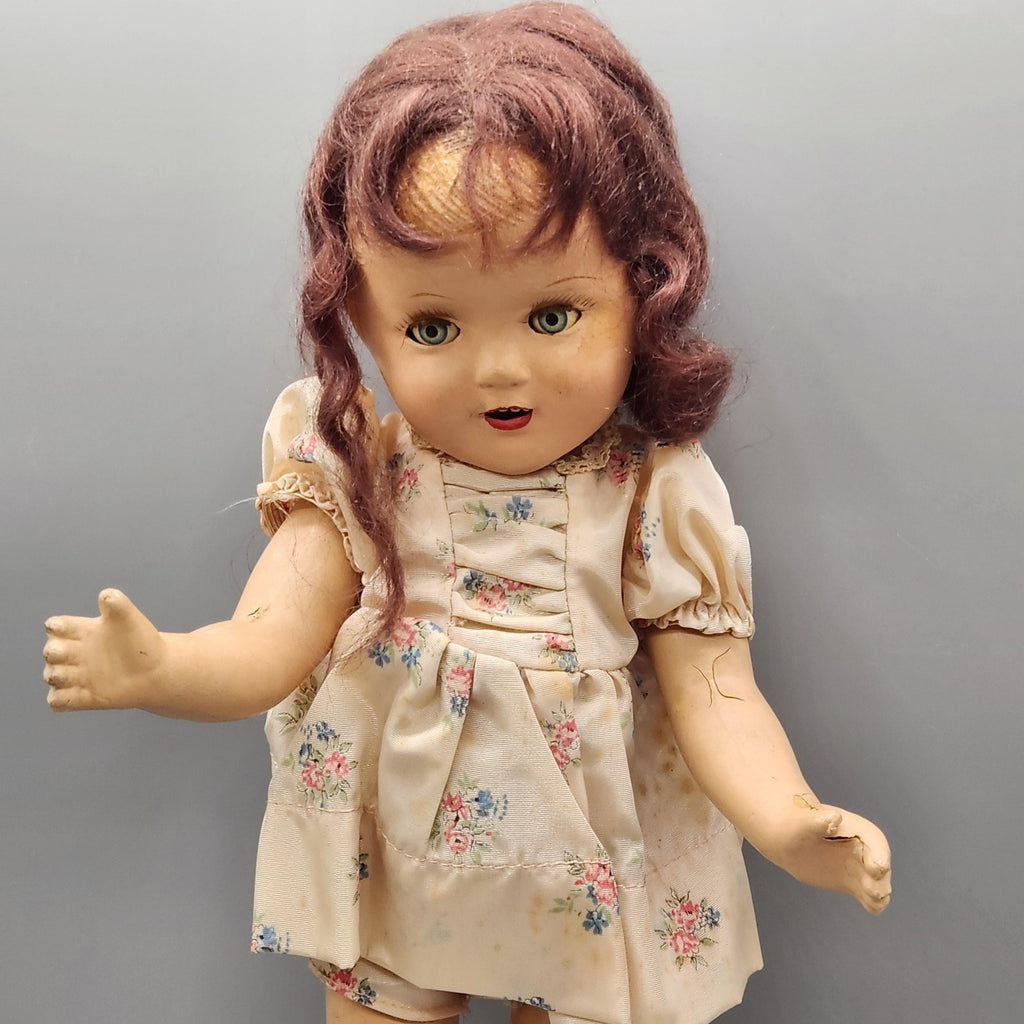 Vintage Composition Girl Doll 17 In Brown Hair Green Eyes Floral Dress Shoes