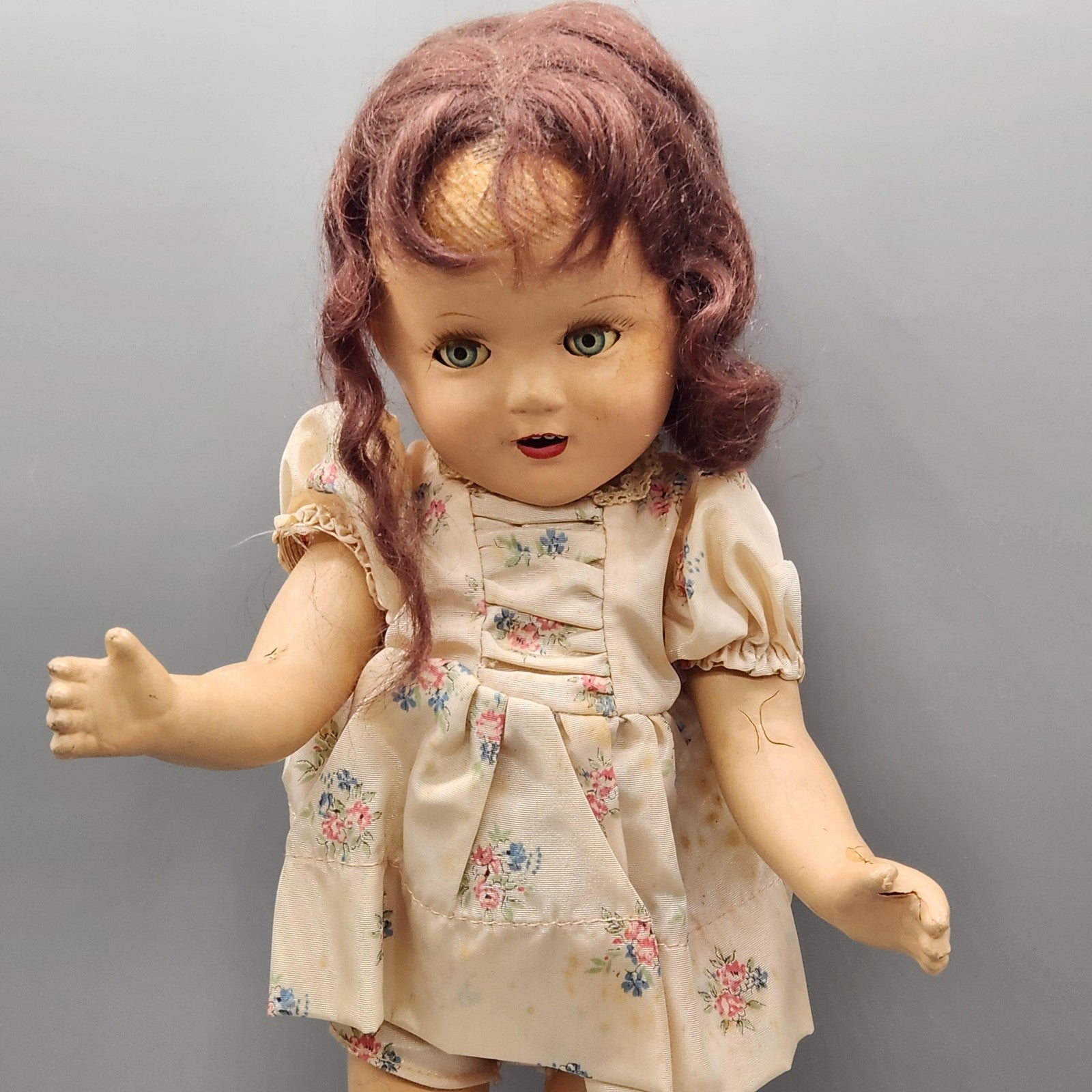 Vintage Composition Girl Doll 17 In Brown Hair Green Eyes Floral Dress Shoes