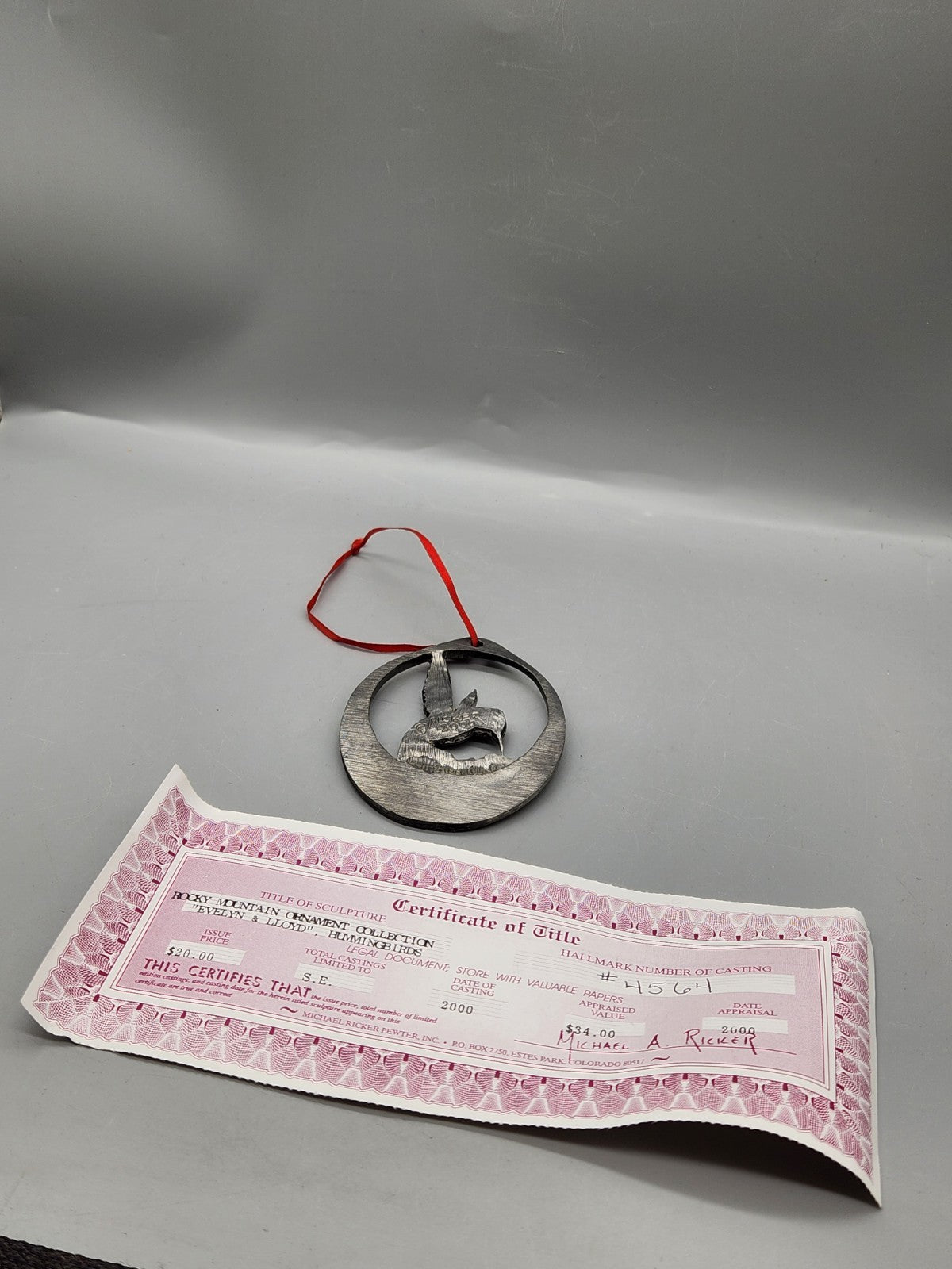 Michael Ricker 2000 Hummingbird Pewter Ornament Rocky Mountain National Park COA